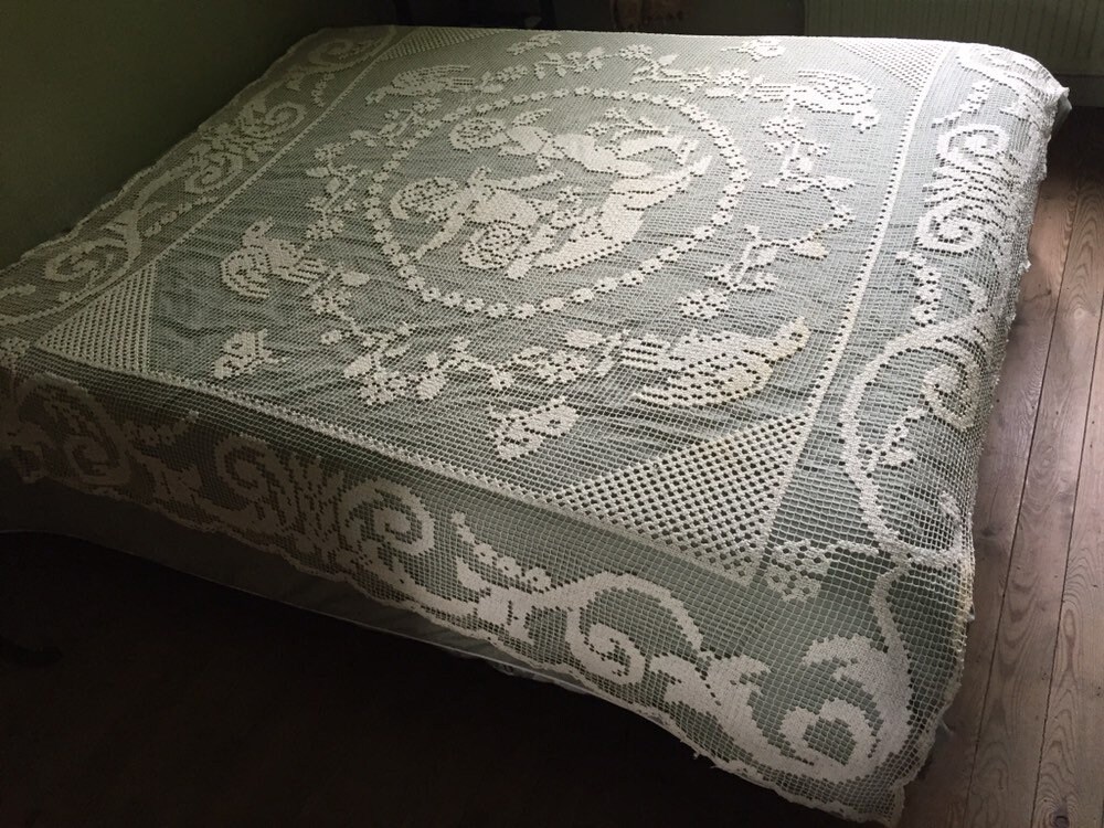 Antique Lace Bedspread Handmade Filet Open Worked Fine Antique Etsy