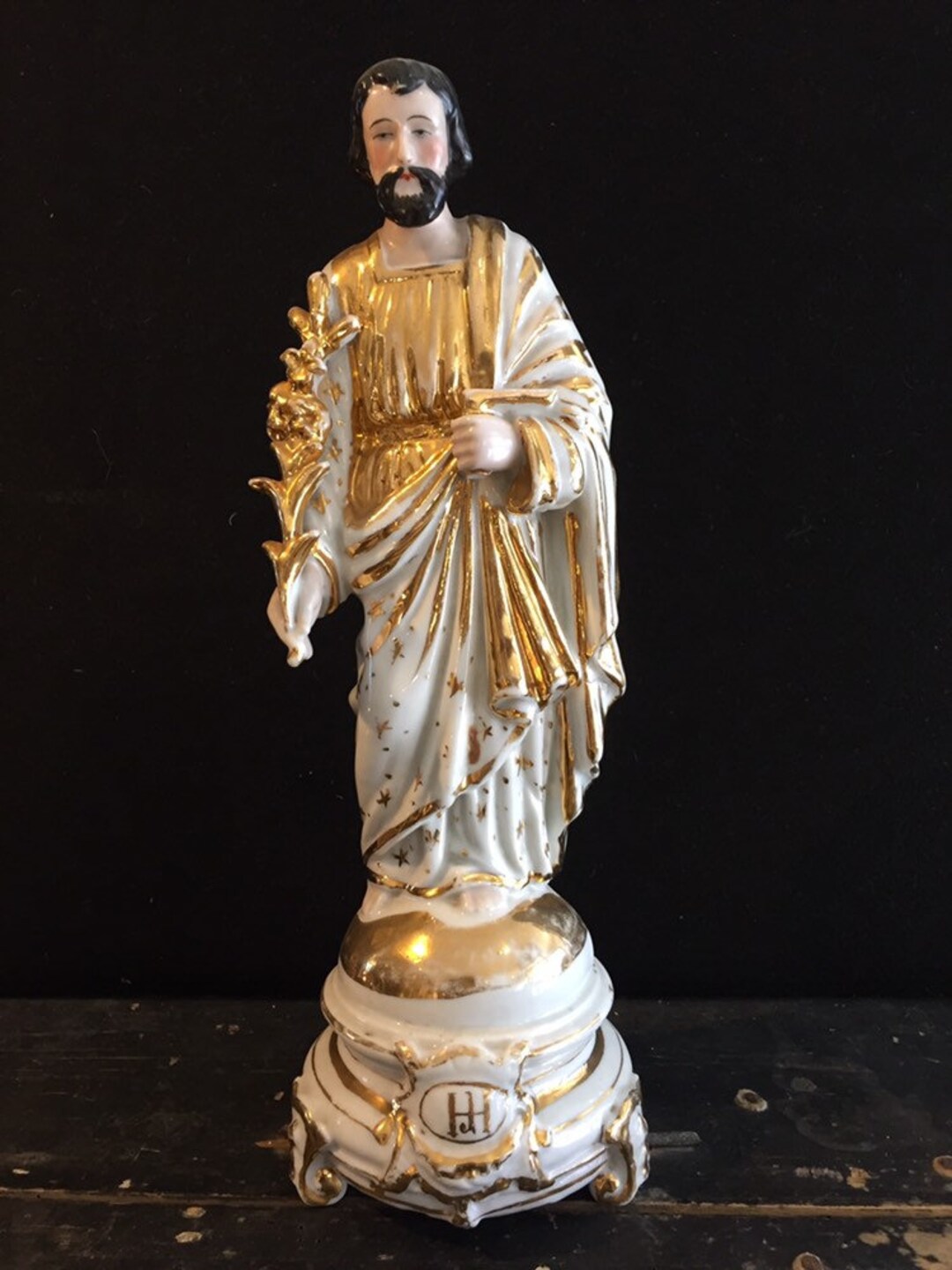 Antique Religious Statue Porcelain Bisque Fine Gold Victorian French or