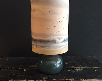 Vintage table lamp ceramic base w assorted handmade hand painted silk lampshade seaside landscape seagulls beach shabby chic signed luxury