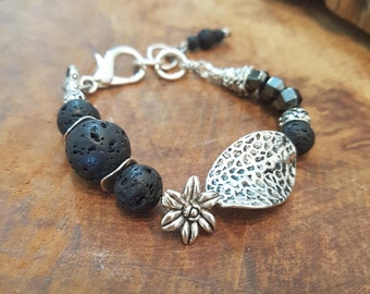 Gemstone Boho Silver Black Bracelet,  Beaded Lava Rock Jewelry, Gift for her personalized-jewelry