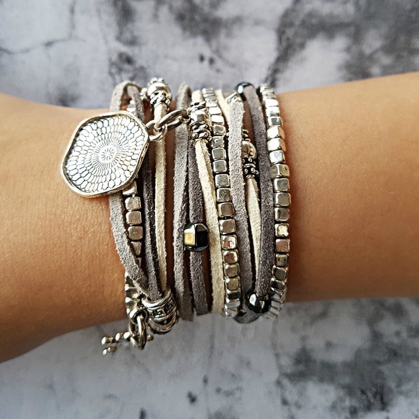 Silver Ethnic Leather Wrap Bracelet, Bho Long Leather Beaded Bracelet, Women's Layered Bracelet - necklace, Bridesmaid personalized-jewelry