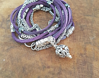 Purple Leather Beaded  Wrap Bracelet, Boho Bracelet for Women Layered, Bridesmaid personalized-jewelry, Gift for her