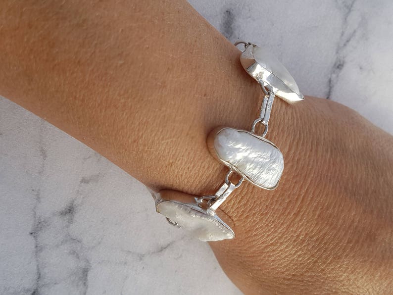 vintage link bracelet elegant bracelet Silver white Pearl bracelet silver jewelry bohemian jewelry Christmas gift for her