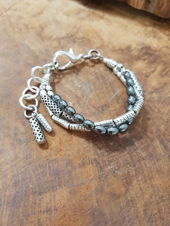 Bracciale Boho A 3 Strati In Ematite Naturale – Fatto A Mano, Largo, Per Polso 16-18 Cm, Stile Etnico - 2