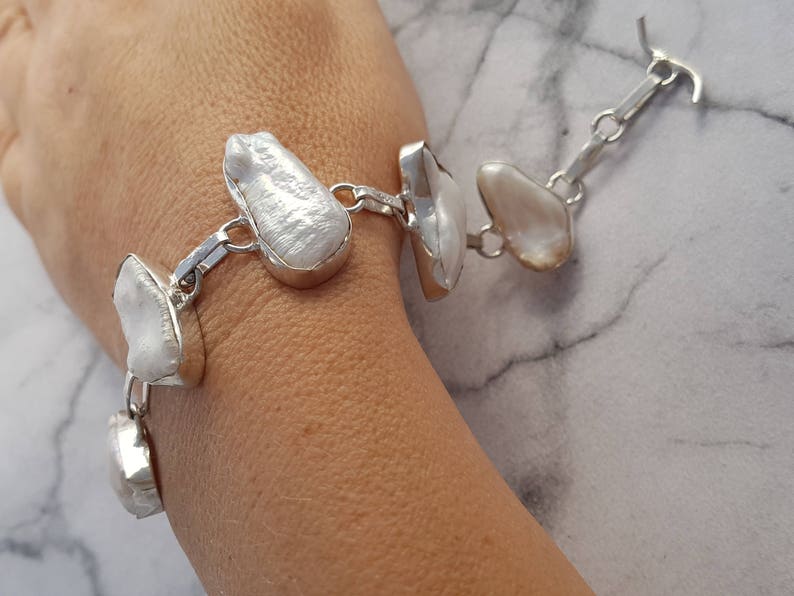 vintage link bracelet elegant bracelet Silver white Pearl bracelet silver jewelry bohemian jewelry Christmas gift for her