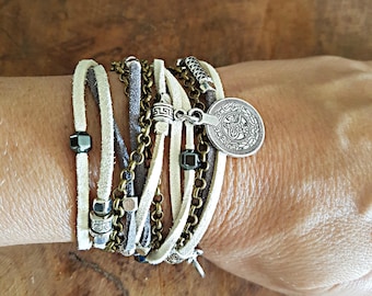 Winter boho leren wikkelarmband, gelaagde kralenarmband met kralen - ketting, gepersonaliseerde sieraden, cadeau voor haar