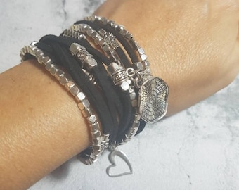 Black Boho wrap Leather Bracelet - Necklace for Women, personalized-jewelry, Gift for her