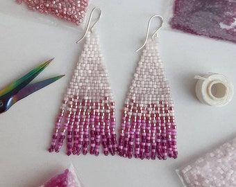 MERMAID: Mini fringe earrings, pink earrings, ombre earrings, beaded earrings, fringe earrings, gift for her, gift for mum