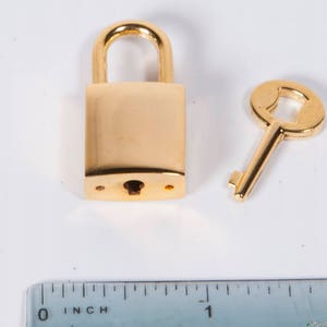 Puede incluir: Un candado dorado con una llave. El candado tiene un cuerpo cuadrado y una cerradura redonda. La llave es pequeña y tiene una cabeza redonda.