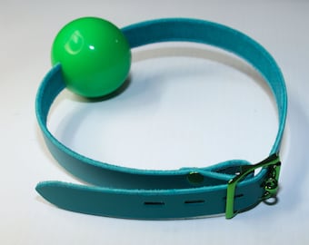 Green Silicone Ball Gag with Jade Green Leather strap, medical grade material