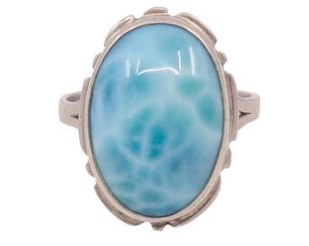 Vintage 1990s Blue Larimar and Sterling Silver Southwestern Solitaire Ring Size 8.25