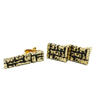 Vintage Cuff Link and Tie Clip Set - Unisex 1980s Gold Tone Textured Rough Cuff Link and Tie Clip - Suit and Tie Accessories Gold