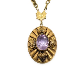 Antique 1880s Victorian Amethyst Gold Filled Necklace - Late Victorian Purple Amethyst and Gold Filled Pendant 17.5" Necklace