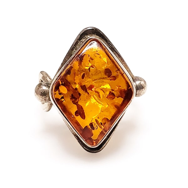 Vintage Amber Silver Ring - 1990s VALERIO Sun Spangled Amber Sterling Silver Ring Size 8.25 - Orange Amber Boho Silver Diamond Ring