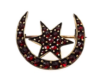 May include: A crescent moon and star brooch made of gold tone metal and set with red gemstones.