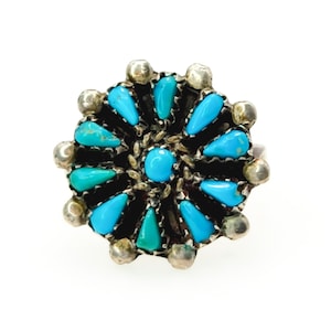 Vintage 1980s Turquoise Petit Point Flower Ring: Sterling Silver Southwestern Jewelry