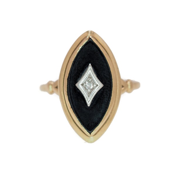 Vintage 1930s Art Deco Onyx, Diamond, and 10K Marquise Ring Size 7 - 30s Deco Black Onyx, Diamond, Yellow Gold Ring - Gold Deco Ring