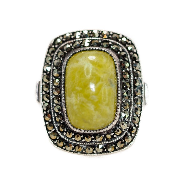 Vintage Green Marble Ring - 1960s Green Connemara Marble, Marcasite, and 935 Silver Ring - Irish Gem Cabochon Halo Ring Size 8.5