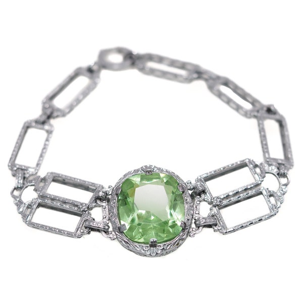 Antique 1920s JH PECKHAM Green Glass, Silver Bracelet - 30s Art Deco Glass, Sterling Silver Link 6" Bracelet - Deco Bracelet