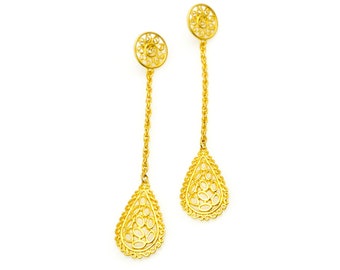 Boucles d'oreilles pendantes dorées vintage des années 80 - longues boucles d'oreilles percées couleur or jaune des années 80