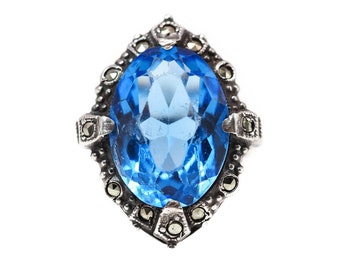 1930s Art Deco Blue Glass Marcasite Ring: Sterling Silver Solitaire, Size 4
