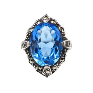 Vintage 1930s Art Deco Large Blue Glass, Sterling Silver, and Marcasite Solitaire Pinky Ring Size 4 - 30s Blue Silver Marcasite Large Ring