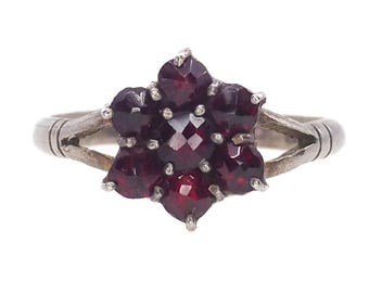 Anillo vintage de plata 800 con flor de racimo de granate rojo piropo de talla rosa, años 60, talla 5,75