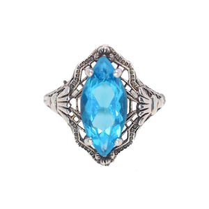 Antique Art Deco Sterling Silver Filigree Ring: Turquoise Glass Marquise, Size 7.25