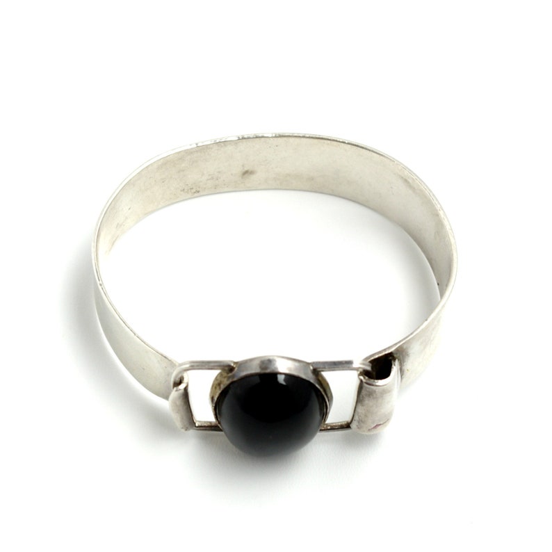 Vintage 1990s TAXCO Onyx and Sterling Silver Mexican Boho Statement Cuff 6 Bracelet