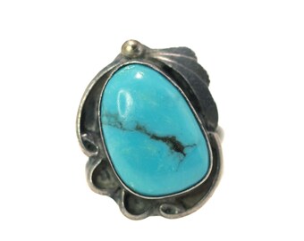 Vintage Turquoise Solitaire Ring - Sterling Silver Navajo Southwestern - Size 4.5