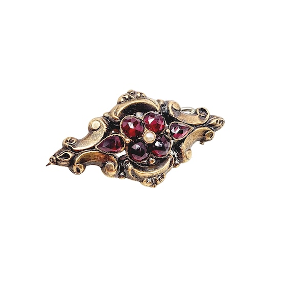 Antique Victorian Garnet, Pearl Brooch - 1850s Ea… - image 1