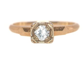 1930s Art Deco Zircon Ring: 14k Yellow Gold Solitaire, Size 6.75
