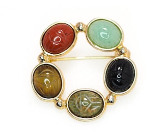 Vintage 1980s Gemstone Scarab Wreath Brooch: Egyptian Revival Pin