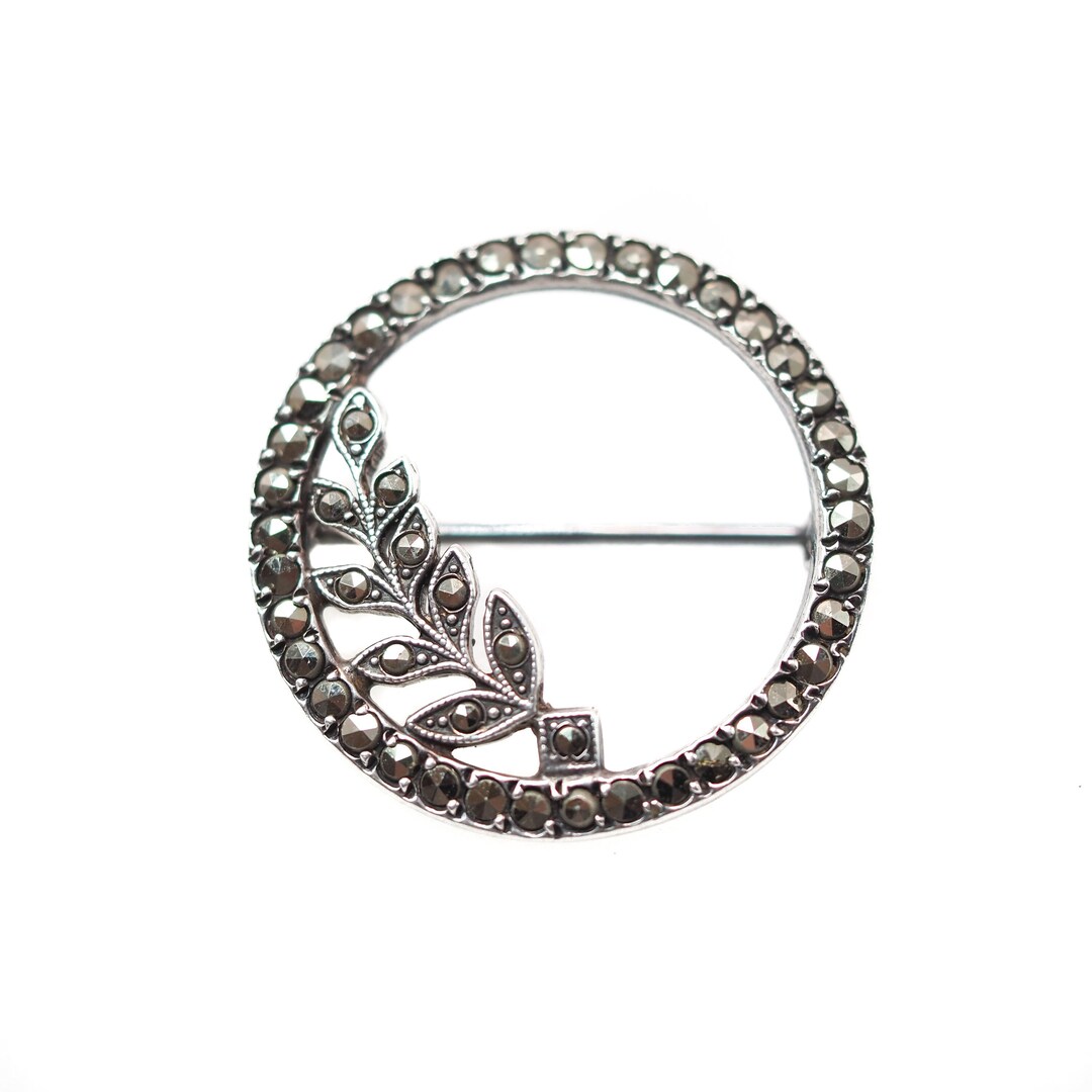Broche Feuille Argent Rhodié Marcassites 32x30mm - Occasion Vintage