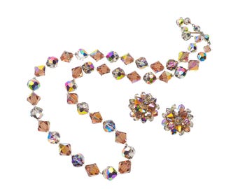 Vintage-Set aus Aurora-Borealis-Glasperlen (Halskette und Clip-Ohrringe)