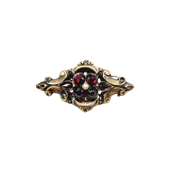 Antique Victorian Garnet, Pearl Brooch - 1850s Ea… - image 2