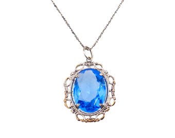Antique Art Deco Silver Plate Blue Glass Filigree Choker - 1920s Necklace