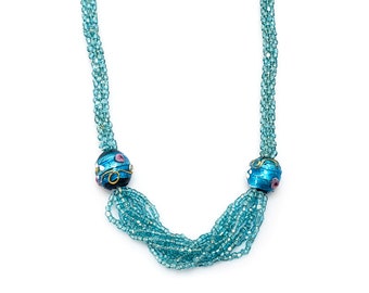 Art Deco Turquoise Seed Bead Necklace: 1920s Flapper Style, Venetian Wedding Cake Beads
