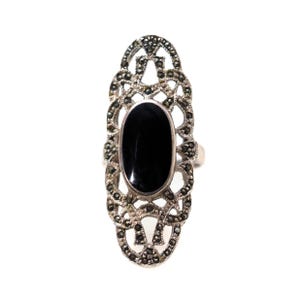 Vintage 1980s Black Onyx Marcasite Sterling Silver Ring - Size 6