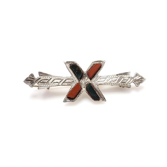 Antique Scottish Pebble Brooch: Bloodstone Jasper Sterling Silver Pin