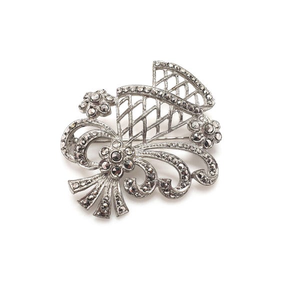 Broche Art Déco épingle En Argent 800 - Décor Géométrique Marcassite, Période 1910-1920 - Occasion