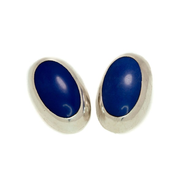 Vintage 90s TAXCO Silver and Dyed Blue Jasper Clip Earrings - 1990s Mexico Sterling Oval Statement Earrings - Southwest Non-Pierced Earrings
