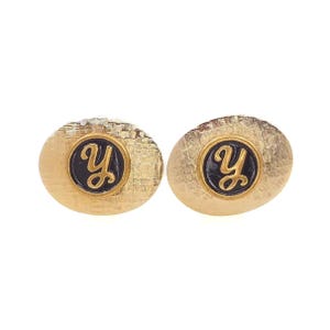 Gemelos unisex vintage con letra Y en círculo negro y dorado, años 50 - Gemelos con inicial negra y dorada de los años 50 - Regalo para el Día del Padre