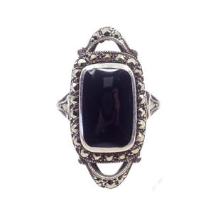 Vintage 1980s Black Onyx, Marcasite, and Sterling Silver Openwork Long Ring Size 7.25 - 80s Onyx, Silver, Marcasite Ring