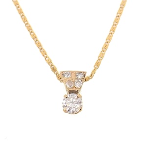 60s Gold Diamond Necklace - Vintage 1960s 14K Yellow Gold White 0.70 Carat Round Cut Diamond Choker Pendant 16&quot; Necklace