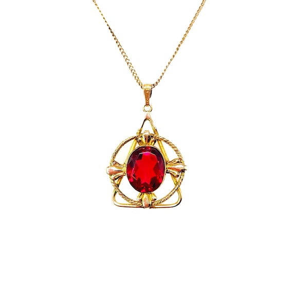 Vintage 1970s Red Glass and Yellow Gold Filled Ne… - image 1