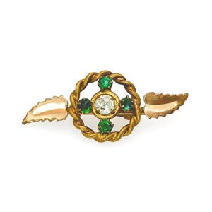 Antique Edwardian Gold Filled Brooch: Green Paste Leaf Wreath Pin