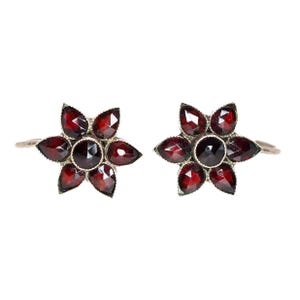 Antieke boho-granaat zilveren bloemoorbellen - Edwardiaanse stijl, jaren 1910