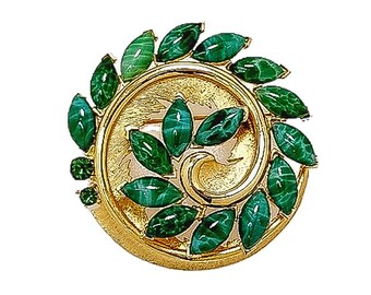 Broche Vintage Années 60 - Strass Blanc Et Vert - Environ 4 Cm - Alliage Et Acrylique - Occasion