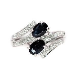 Vintage 1990s Sapphire Diamond Ring: 10K White Gold Bypass Design, Size 4.75